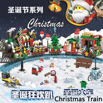 Karstā pārdošanas Radītājs Draugiem Ziemassvētkos Ziemas Ciems Pilsēta TrainAir Balonu Komplekti, Celtniecības Bloki, Santa Claus Skaitļi Ķieģeļi Rotaļlieta Dāvana
