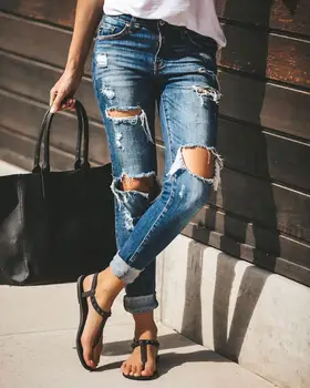 Karstā pārdošanas sieviete ripped džinsi modes moderns stiept slim džinsa džinsi ielu ikdienas zīmuli bikses S-2XL piliens kuģniecība