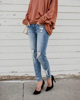 Karstā pārdošanas sieviete ripped džinsi modes moderns stiept slim džinsa džinsi ielu ikdienas zīmuli bikses S-2XL piliens kuģniecība