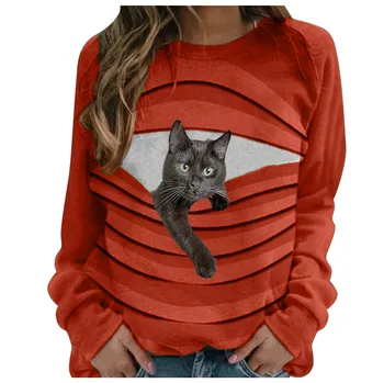 Kaķis Drukas T Krekls Ar Garām Piedurknēm Top Sieviešu Rudens Ziemas Sievieti Tshirts Modes Grafiskais Tee Streetwear Ropa Mujer