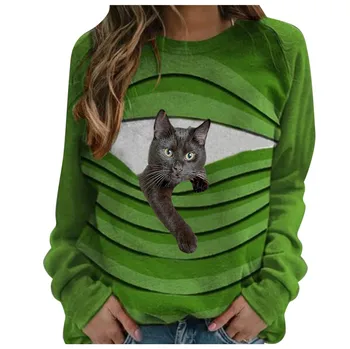 Kaķis Drukas T Krekls Ar Garām Piedurknēm Top Sieviešu Rudens Ziemas Sievieti Tshirts Modes Grafiskais Tee Streetwear Ropa Mujer