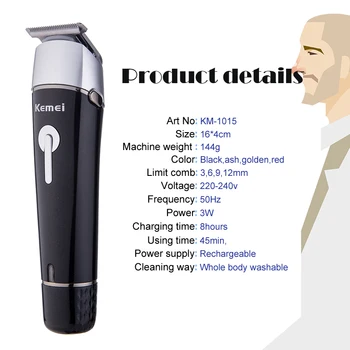 Kemei lādējams matu trimmeris profesionāliem clipper vīriešiem elektriskais skuveklis skuvekli matu griešanas mašīna frizētava deguna trimmeris