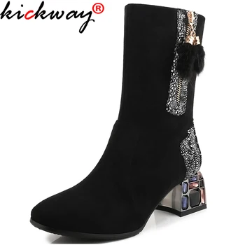 Kickway Kristāla papēži potītes zābaki sieviešu mākslīgās zamšādas, kažokādas bumbiņu pušķis mirdzēt Rudens ziemas apavi, sieviešu melns potītes zābaki sieviete