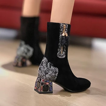 Kickway Kristāla papēži potītes zābaki sieviešu mākslīgās zamšādas, kažokādas bumbiņu pušķis mirdzēt Rudens ziemas apavi, sieviešu melns potītes zābaki sieviete