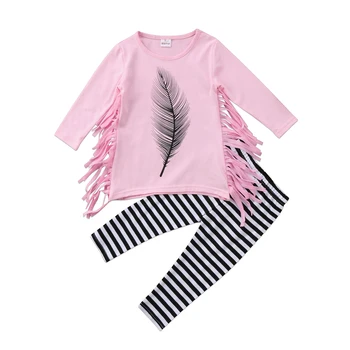 Kid Baby Girl Apģērbu Komplekts Meitenēm Spalvu Pušķis Rozā Top+ Svītrainas Bikses Apģērbs Komplekts 2gab Apģērba Komplekts