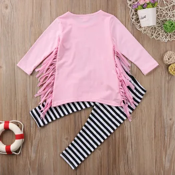 Kid Baby Girl Apģērbu Komplekts Meitenēm Spalvu Pušķis Rozā Top+ Svītrainas Bikses Apģērbs Komplekts 2gab Apģērba Komplekts
