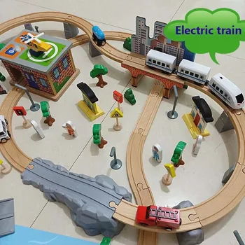 Koka Diy Koka Dzelzceļa Taisni Un Izliekti Sliežu Paplašināšana Ņemt-n-play, Motorizētie Elektriskās Bērnu Rotaļlietas 95pcs/1set Vilcienu Dziesmu