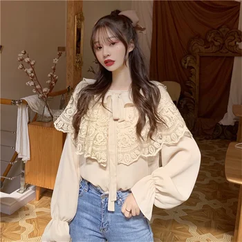 Korejas Elegants Vintage Mežģīņu blūze Raibs tauriņu Mežģīnes Up Izšuvumi Topi, Sieviešu Salds Izlīdzināšanu piedurknēm Balts krekls Blusa
