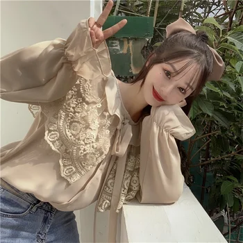 Korejas Elegants Vintage Mežģīņu blūze Raibs tauriņu Mežģīnes Up Izšuvumi Topi, Sieviešu Salds Izlīdzināšanu piedurknēm Balts krekls Blusa