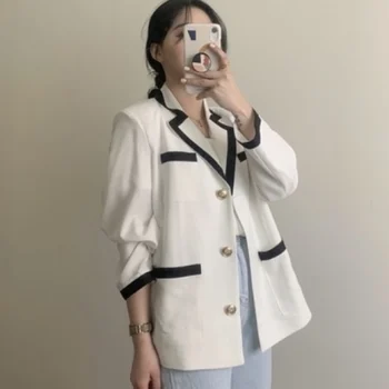 Korejas Krāsa-bloķēts, Sieviešu Uzvalks, Žakete ar garām Piedurknēm Robots Apkakles Vienu-krūšu Žaketes Mēteļi Vintage Eleganti Bleizeri 2020
