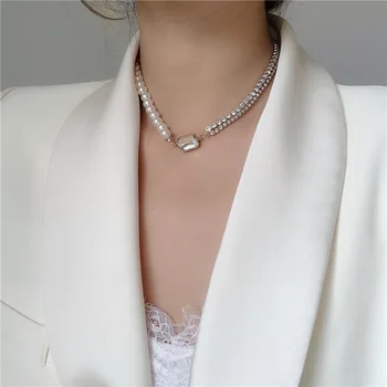 Korejas Luksusa Stila Flash Kristāla Pērle Ķēde, Kaklarota, Retro Temperaments Dizaina Clavicle Ķēdes Sieviešu Tendence