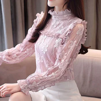 Korejas Modes Apģērbu Blūze Sievietēm 2020. Gadam Mežģīņu Topi OLA Cietā Stāvēt Tauriņš Piedurknēm Ruffles Rozā Tops Blusas Dāmas Topi 7905 50