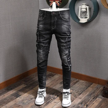 Korejas Modes Stila Vīriešu Džinsi Melnā Krāsā Elastīga, Pieguļoša Ripped Džinsi Vīriešu Džinsa Zīmuli Bikses Streetwear Hip Hop Džinsi Homme