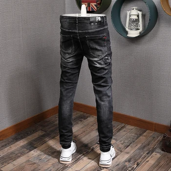 Korejas Modes Stila Vīriešu Džinsi Melnā Krāsā Elastīga, Pieguļoša Ripped Džinsi Vīriešu Džinsa Zīmuli Bikses Streetwear Hip Hop Džinsi Homme