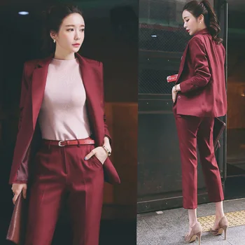 Korejas Sieviešu Rudens Modes 2 Gabals Komplekti Ar Garām Piedurknēm Aizsvilties Un Zīmuli Bikses Elegants Birojs Sievietes Elsas Uzvalks Darbu Biznesa Komplekts
