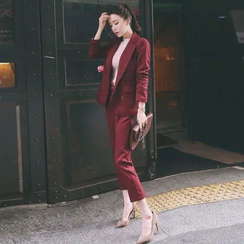 Korejas Sieviešu Rudens Modes 2 Gabals Komplekti Ar Garām Piedurknēm Aizsvilties Un Zīmuli Bikses Elegants Birojs Sievietes Elsas Uzvalks Darbu Biznesa Komplekts