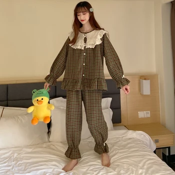 Korejas Vintage Pleds Pidžamas Komplekts Sieviešu Modes Savirmot Sleepwear Gadījuma Mori Meitenes Outwear Mājas Tērps Viduslaiku Izlīdzināšanu Piedurknēm S1025