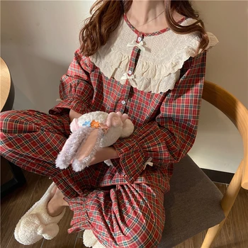 Korejas Vintage Pleds Pidžamas Komplekts Sieviešu Modes Savirmot Sleepwear Gadījuma Mori Meitenes Outwear Mājas Tērps Viduslaiku Izlīdzināšanu Piedurknēm S1025