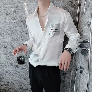 Korejas Vīriešu Apģērbu, Rudenī Jaunu Zīda Pūķis Dizaina Izšūts Krekls Vīriešiem Ilgtermiņa piedurknēm Ziedu Krekls Streetwear Vīriešu Ikdienas Krekli