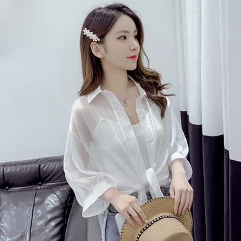 Korejas Šifona Krekli, Sieviešu 2020. Gada Vasaras Pusi Piedurknēm Buttoned Up Krekls Ar Garām Piedurknēm Blūze Saistīts Vidukļa Elegantas Sieviešu Blūzes 9494
