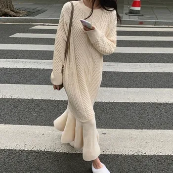 Korejas šiks ziemas džemperis gara kleita vienā gabalā vintage savīti apaļu kakla savirmot vestido gudrs džemperi sieviešu trikotāžas maxi kleita