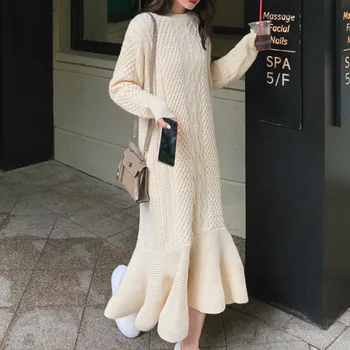 Korejas šiks ziemas džemperis gara kleita vienā gabalā vintage savīti apaļu kakla savirmot vestido gudrs džemperi sieviešu trikotāžas maxi kleita