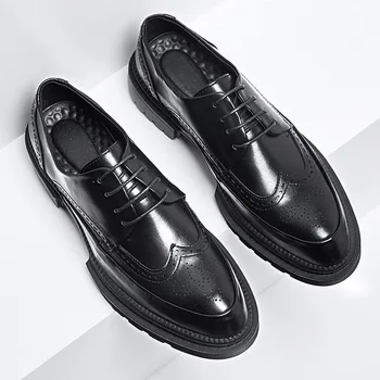 Korejiešu dizaina vīriešu modes pusei banketa valkāt īstas ādas kurpes platformas brogues apavu melnais džentlmenis čības mans apavi