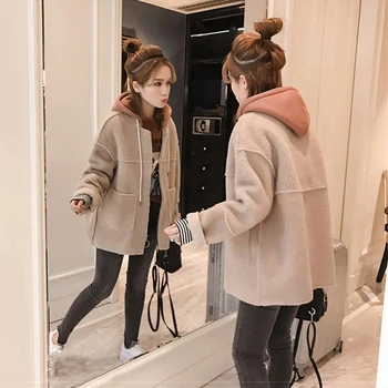 Korejiešu stila Tvīda Sabiezēt kapuci jaka bomber sieviešu Ikdienas Streetwear Lielas kabatas teddy jaka ar garām piedurknēm Pashmina mētelis Femal