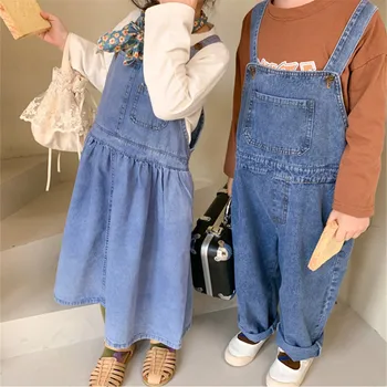 Korejiešu stilā 2021. gada Pavasarī bērniem, meitenēm gadījuma džinsa kopumā kleita 2-7Y modes zēni zaudēt visas spēles džinsa kombinezons bērniem apģērbs