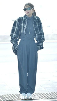 Kpop korejas Slavenību retro pleds atloks, īss krekls +pelēka augstu uzrullētu apkakli long piedurknēm t krekls ar vaļēju bikses bikses sievietēm komplekts
