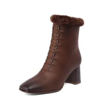 Krazing pot liela izmēra Eiropas stila īstas ādas kvadrātveida kājām augstpapēžu kurpes sieviešu ziemas saglabāt siltu nobriedis potītes zābaki L81