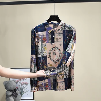 Krekls Sievietēm 2021. Gada Pavasarī Jaunas Ielidošanas Vintage Print Šifona Blūze Korejas Dāma Ar Garām Piedurknēm, Elegants Modis Topi
