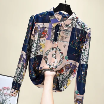 Krekls Sievietēm 2021. Gada Pavasarī Jaunas Ielidošanas Vintage Print Šifona Blūze Korejas Dāma Ar Garām Piedurknēm, Elegants Modis Topi