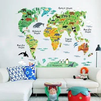 Krāsains dzīvnieku pasaules kartes, sienas uzlīmes, viesistaba, mājas rotājumi pvc decal sienas mākslas diy biroja bērnu istabas sienas māksla