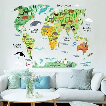 Krāsains dzīvnieku pasaules kartes, sienas uzlīmes, viesistaba, mājas rotājumi pvc decal sienas mākslas diy biroja bērnu istabas sienas māksla