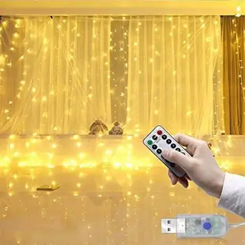LED Aizkaru Gaismas USB Tālvadības pults 3x3 Metrus 300 Spuldzes Pasaka, Kāzu svinības, Dārza Ziemassvētku Rotājumi Gaismas