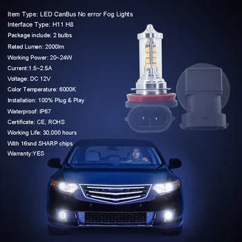 LED CanBus Nav Kļūda, H8, H11 spuldzes Auto Miglas Lukturi Priekš Peugeot 207 407 407SW 04+ / 3008 2011-2013 AUTO DRL lampas Nav Hyper Flash Balts