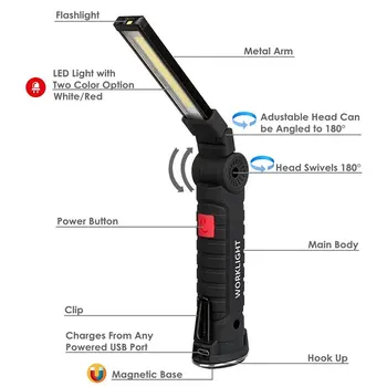 LED Darba Gaismas USB Lādējamu Lukturīti Magnētisko Lāpu Elastīgu Inspekcijas Puses Lampa Worklight Āra Uzmanības centrā