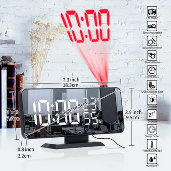 LED Digitālais Modinātājs Radio Termometra Displejs Lampas, Spogulis Nakts Gaisma USB Pamosties FM Radio Laika Projektoru, 2 Signalizācijas