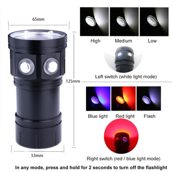 LED Niršanas Lukturīti Izcelt 20000Lumens 15*L2 Ar LED SARKANS+Zils Taktiskās Lāpu Gaisma, Zemūdens Fotogrāfija, Video Gaisma