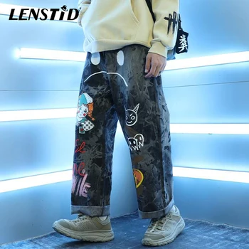 LENSTID 2020. gadam Hip Hip Bikses Streetwear Vīriešiem Zaudēt Džinsa Bikses Grafiti Drukāt Melnā Vintage Jeans Harajuku Joggers Kokvilnas Bikses