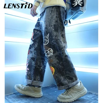 LENSTID 2020. gadam Hip Hip Bikses Streetwear Vīriešiem Zaudēt Džinsa Bikses Grafiti Drukāt Melnā Vintage Jeans Harajuku Joggers Kokvilnas Bikses