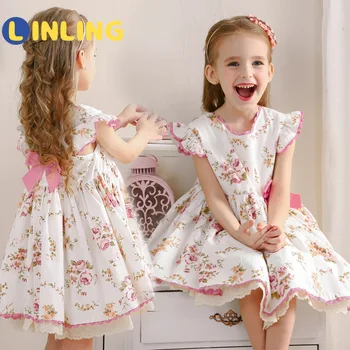 LINLING spāņu Stila Bērnu Salds Ziedu Kleitu Lolita Loku Drukāt Ziedu Classic Retro Ruffles Puses Bērni Cute Girl Dress P441