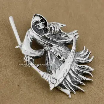 LINSION 925 Sterling Sudraba Liela Grim Reaper Nāves Izkapts Mens Biker Rock, Punk Kulons 9H012