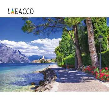 Laeacco Foto Foni Pilsētas Piejūras Kalnu Koku Ceļš, Zilas Debesis Mākoņainas Scenic Fotogrāfijas Fons, Photocall Foto Studija