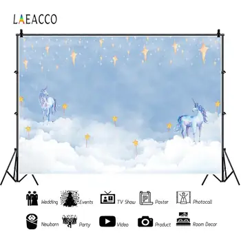Laeacco Zilas Debesis, Balti Mākoņi, Zvaigznes Unicorn Dzimšanas dienas Foto Foni Pielāgotus Foto Backdrops Foto Studija