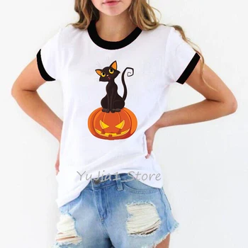 Laimīgs Halovīni krekls sievietēm smieklīgi melnais kaķis, ķirbju drukāt karikatūra tshirt sieviešu zvaniķis tee balts t-krekls camisa feminina topi