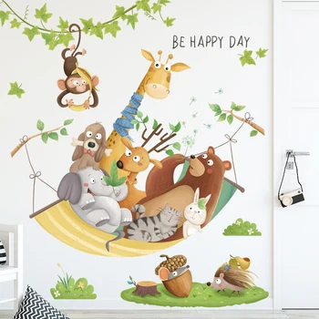 Laimīgu Dzīvnieku Guļamtīkls Sienas Uzlīmes par Pirmsskolas Bērnu istabas Sienas Dekors Eco-draudzīga, Vinila Sienas Uzlīmes Art Gleznojumi Mājas Apdare