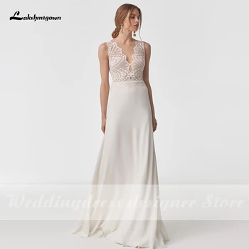 Lakshmigown Mīksta Šifona Kāzu Kleitas 2021 Mežģīņu Tops ar V veida Kakla White/Ivory Vienkāršu Līgavas Kāzu Kleita vestido de noiva