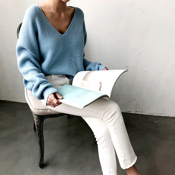 Leiouna Gadījuma Džemperi ar V-veida kakla Cieto garām Piedurknēm 2020. Gadam, Modes korejiešu Stilā, Adīšanas Gadījuma Rudens Ziemas Džemperis Sievietēm